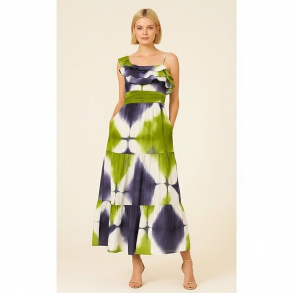 Busayo Collective One Shoulder Tie Dye Tiered Maxi Dress 10 Green - Picture 10 of 10